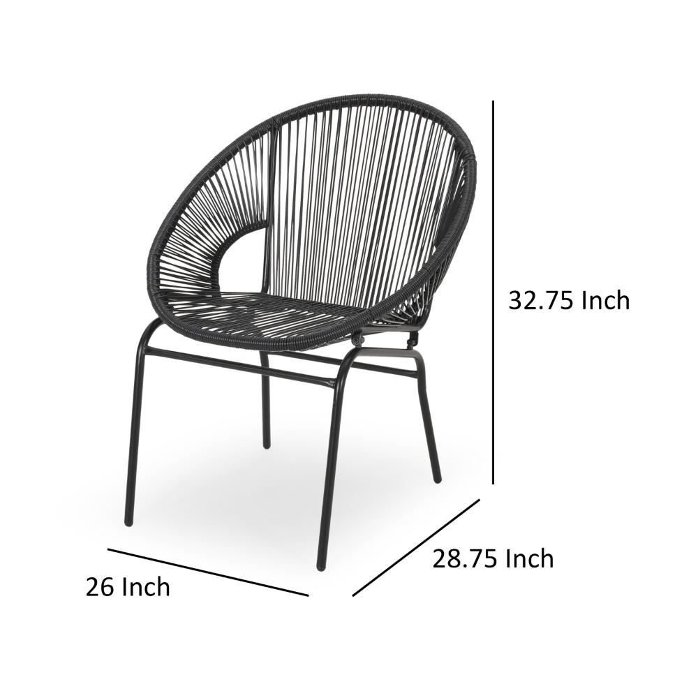 Benjara Sanu Outdoor Accent Chair Set of 2, PE Rattan, Black Iron, Round Backrests
