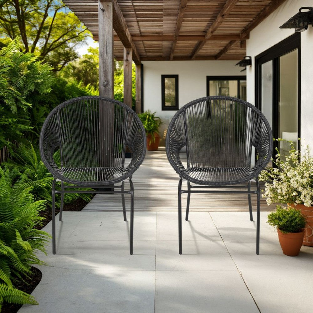 Benjara Sanu Outdoor Accent Chair Set of 2, PE Rattan, Black Iron, Round Backrests