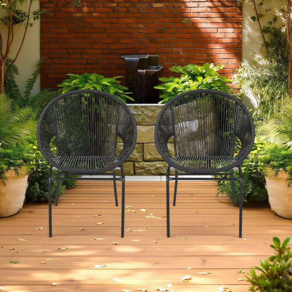 Benjara Sanu Outdoor Accent Chair Set of 2, PE Rattan, Black Iron, Round Backrests