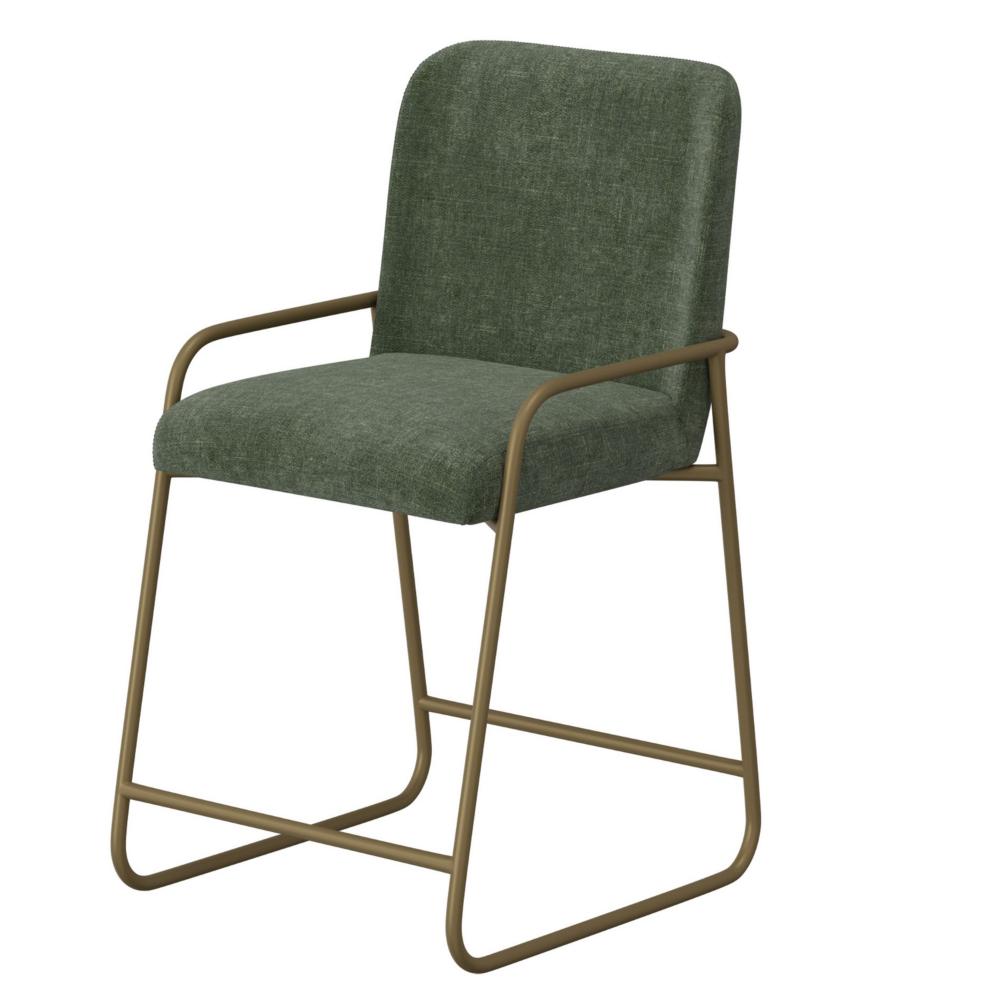 Benjara Suze Counter Height Chair, Arch Back, Gold Iron, Olive Green Polyester