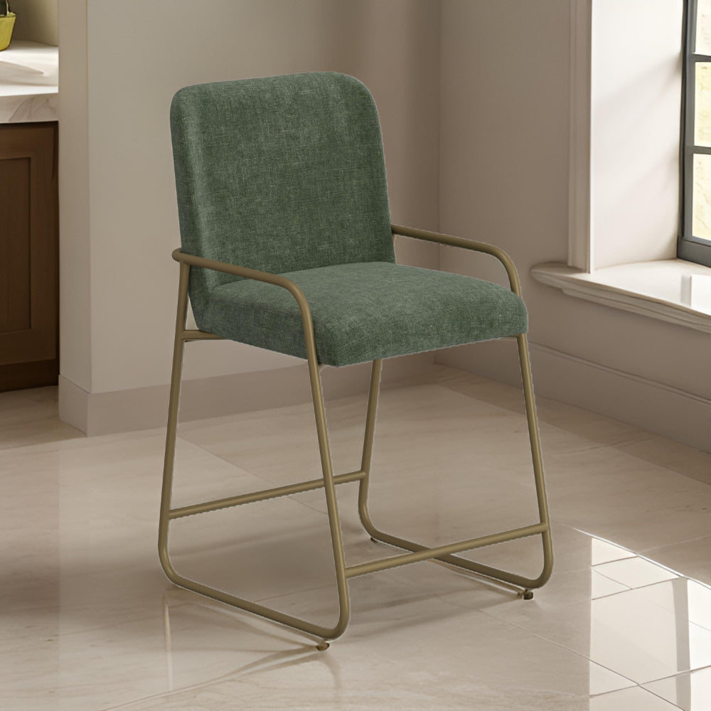Benjara Suze Counter Height Chair, Arch Back, Gold Iron, Olive Green Polyester