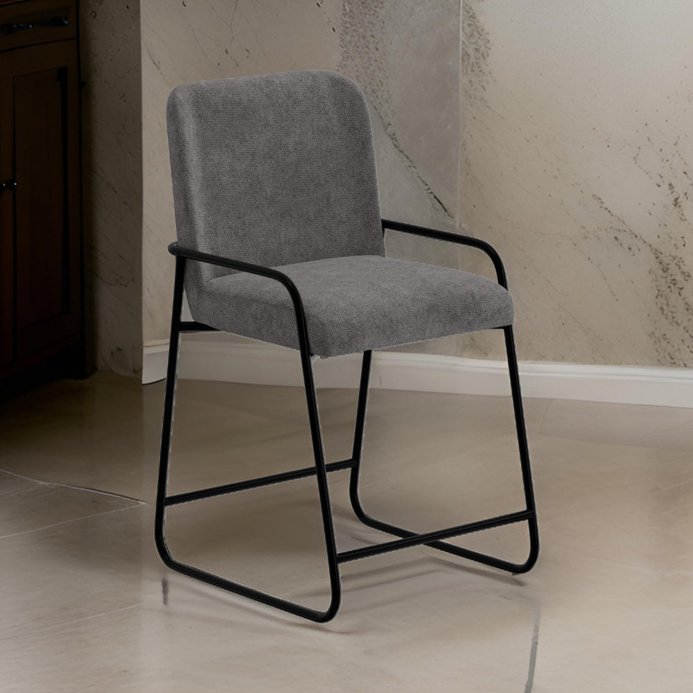 Benjara Suze Counter Height Chair, Arched Back, Black Iron, Dark Gray Polyester
