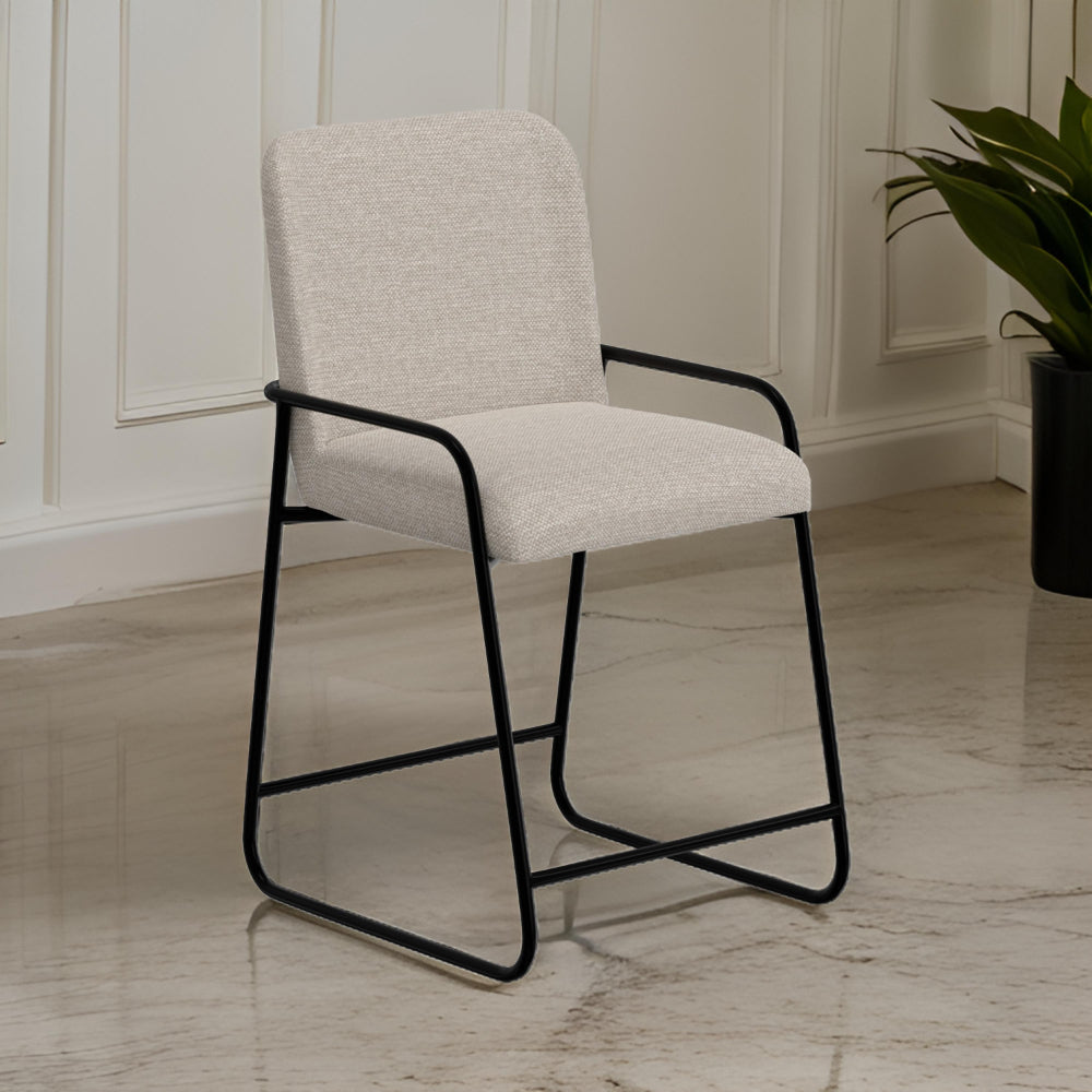 Benjara Suze Counter Height Chair, Arched Back, Black Iron, Light Beige Polyester