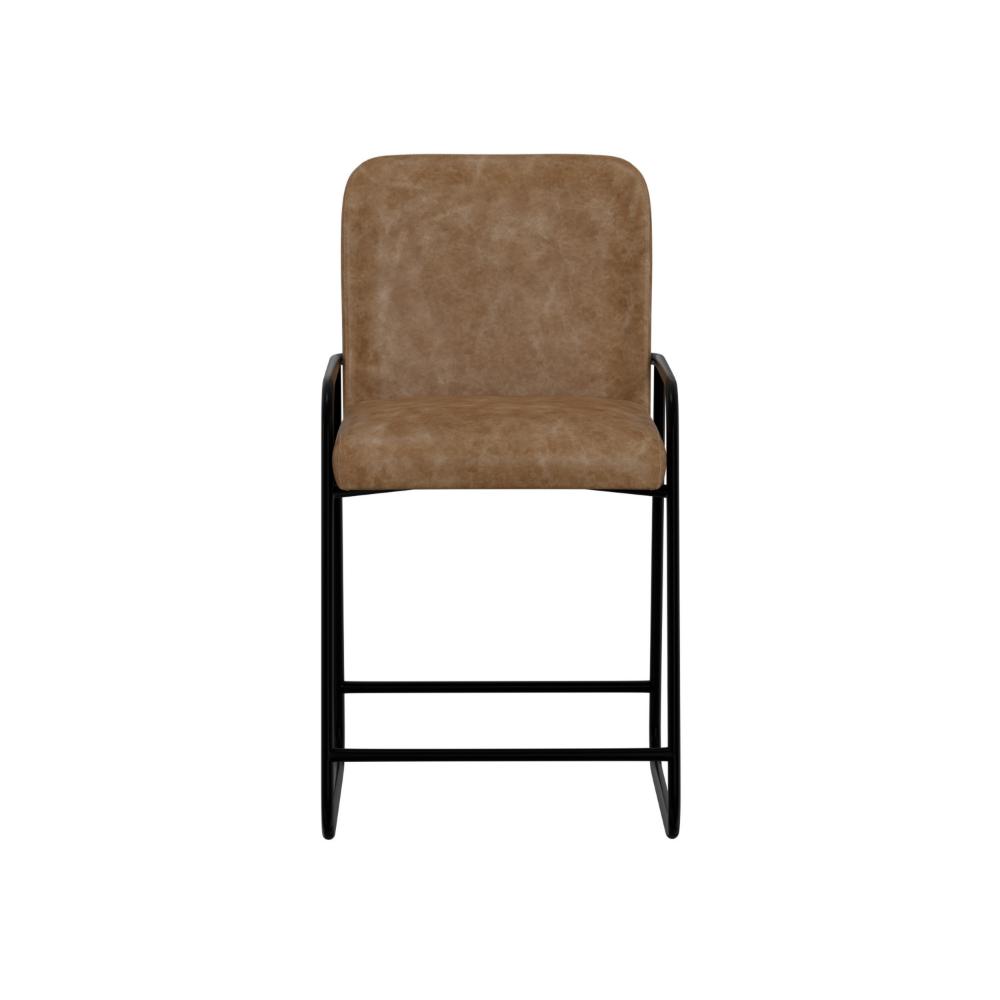 Benjara Suze Counter Height Chair, Arched Back, Black, Cognac Brown Faux Leather