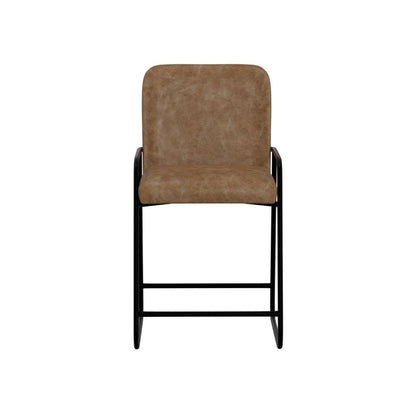 Benjara Suze Counter Height Chair, Arched Back, Black, Cognac Brown Faux Leather