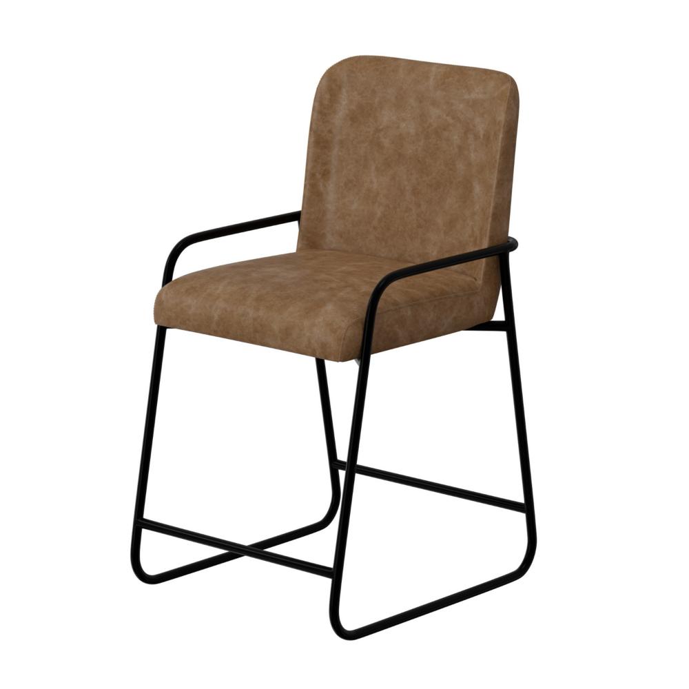 Benjara Suze Counter Height Chair, Arched Back, Black, Cognac Brown Faux Leather