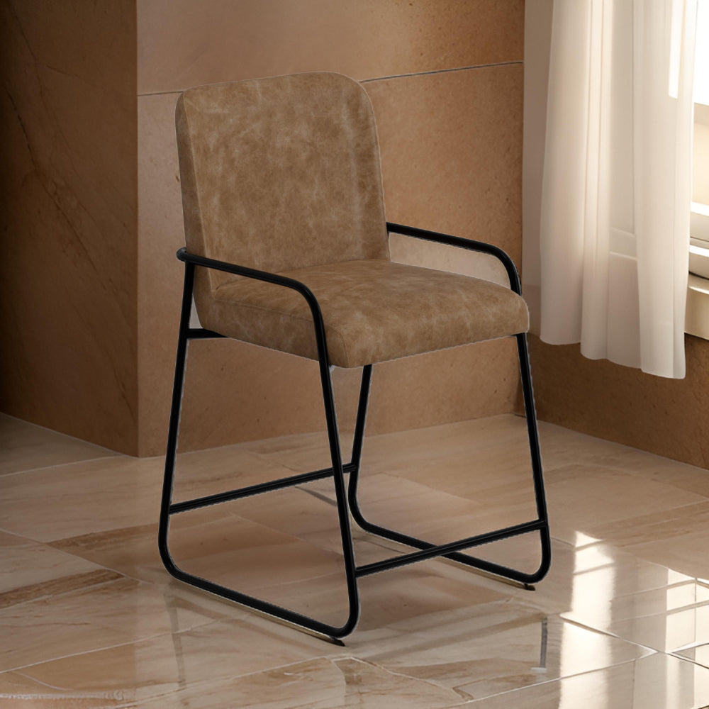 Benjara Suze Counter Height Chair, Arched Back, Black, Cognac Brown Faux Leather
