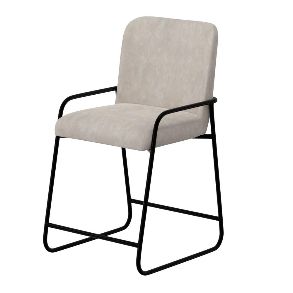 Benjara Suze Counter Height Chair, Black Iron Legs, Snow Gray Performance Fabric