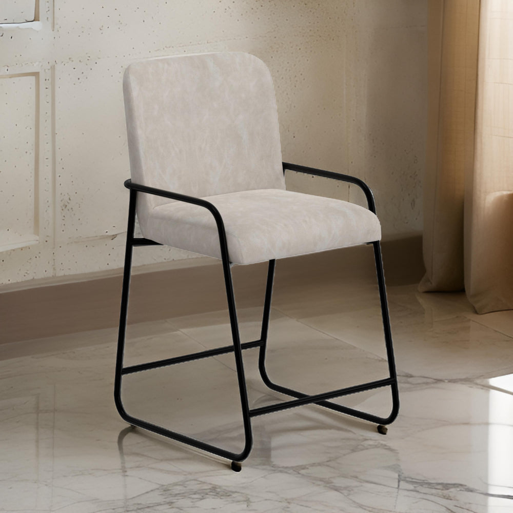 Benjara Suze Counter Height Chair, Black Iron Legs, Snow Gray Performance Fabric