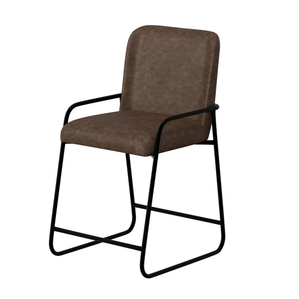 Benjara Suze Counter Height Chair, Black Iron, Hickory Brown Performance Fabric