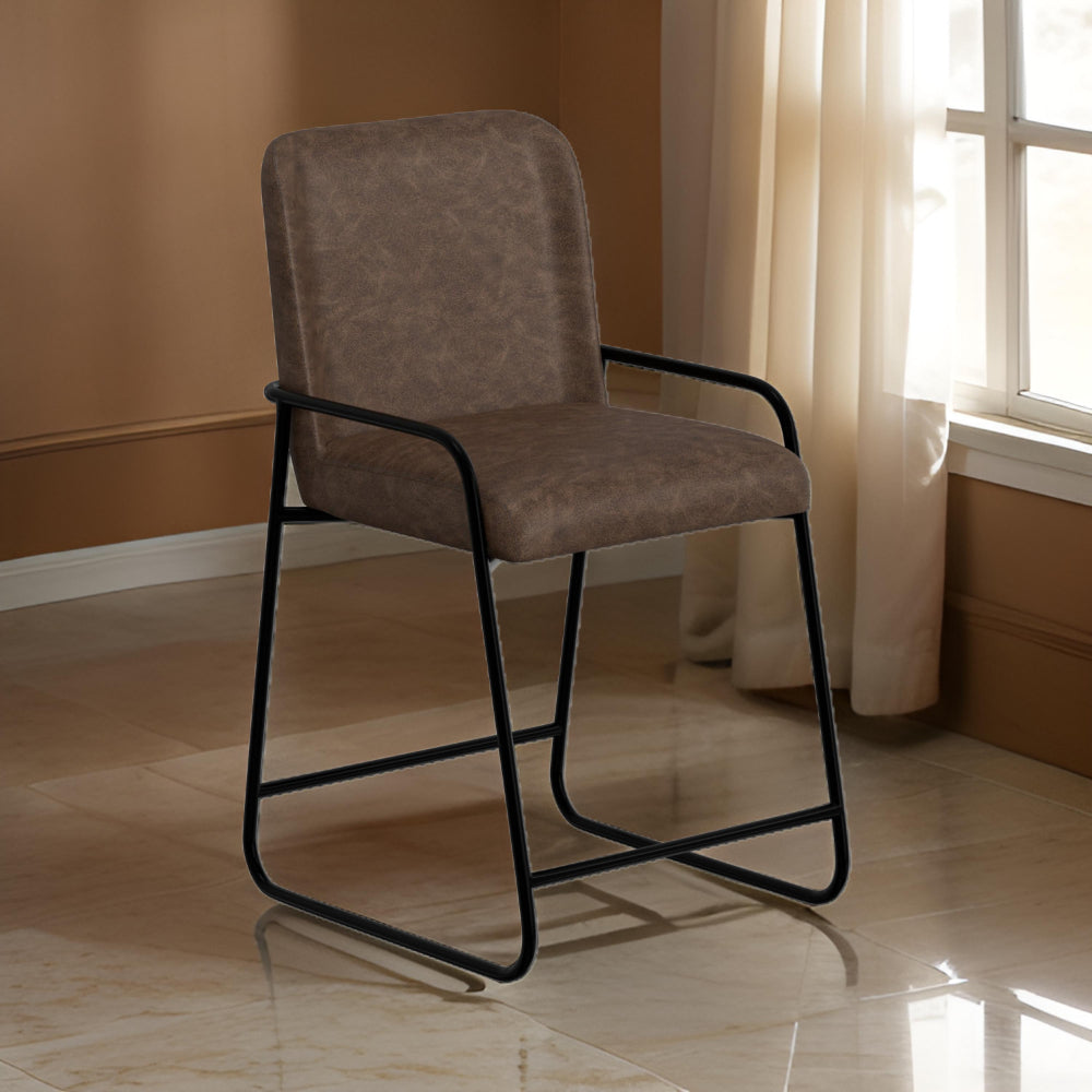 Benjara Suze Counter Height Chair, Black Iron, Hickory Brown Performance Fabric
