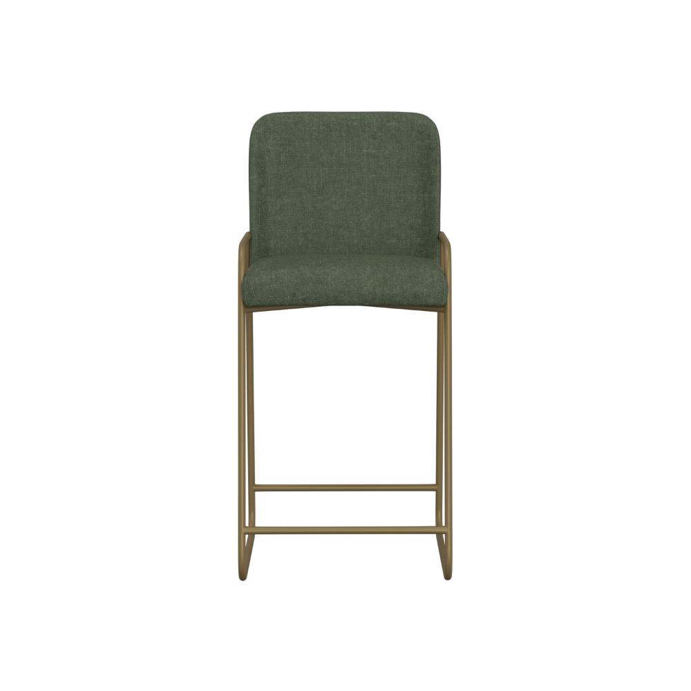 Benjara Suze Barstool Chair with Arched Back, Gold Iron, Olive Green Polyester