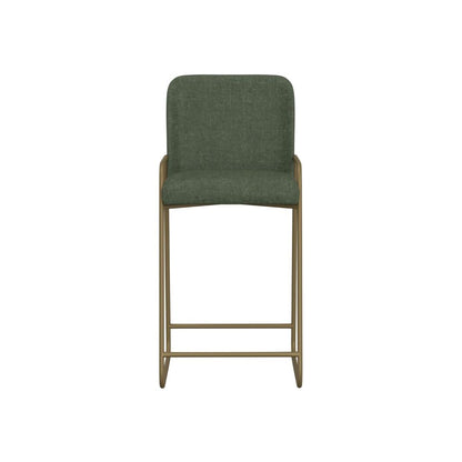 Benjara Suze Barstool Chair with Arched Back, Gold Iron, Olive Green Polyester