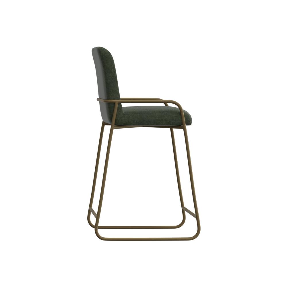 Benjara Suze Barstool Chair with Arched Back, Gold Iron, Olive Green Polyester