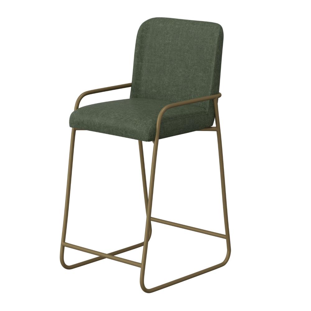 Benjara Suze Barstool Chair with Arched Back, Gold Iron, Olive Green Polyester
