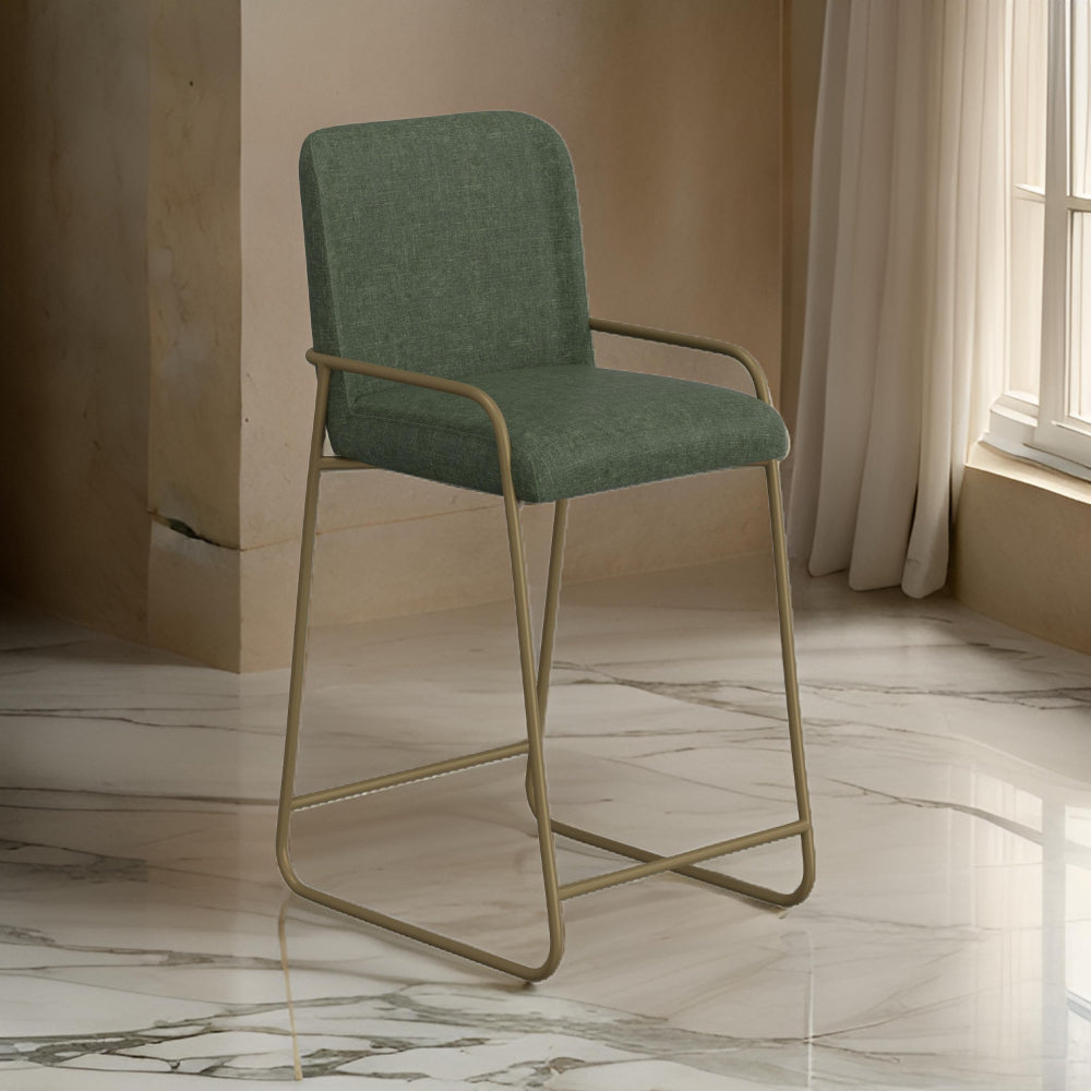 Benjara Suze Barstool Chair with Arched Back, Gold Iron, Olive Green Polyester