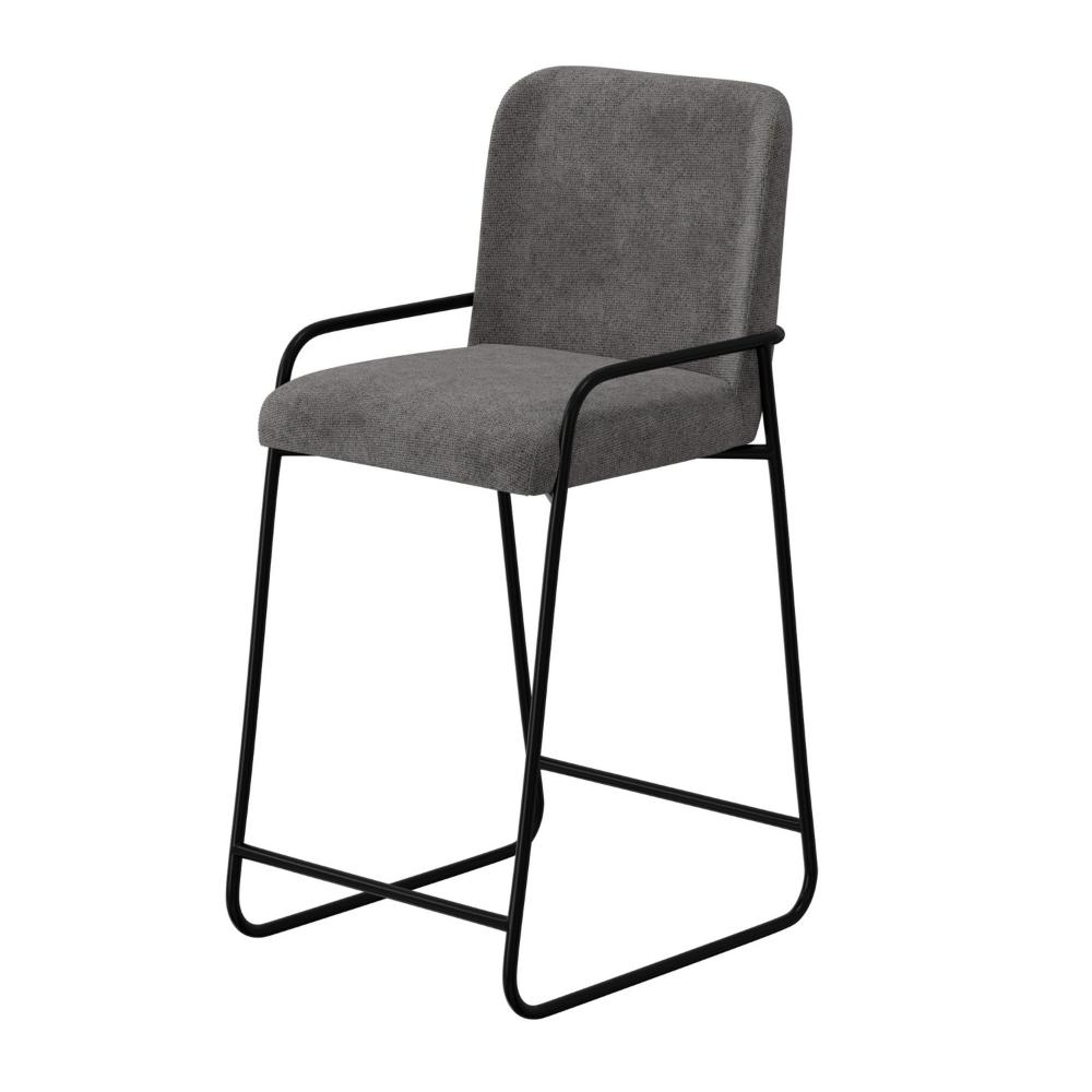 Benjara Suze Barstool Chair with Arched Back, Black Iron Frame, Gray Polyester