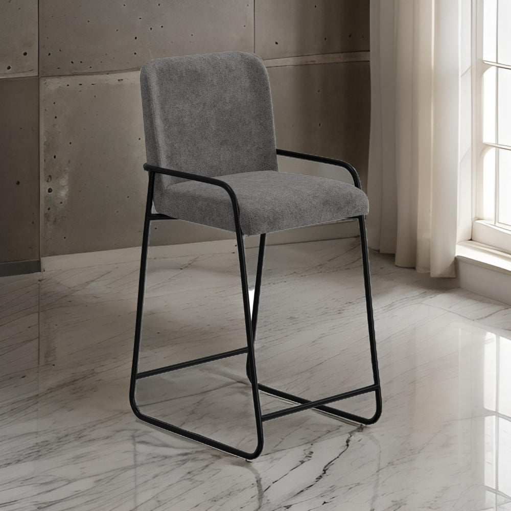 Benjara Suze Barstool Chair with Arched Back, Black Iron Frame, Gray Polyester