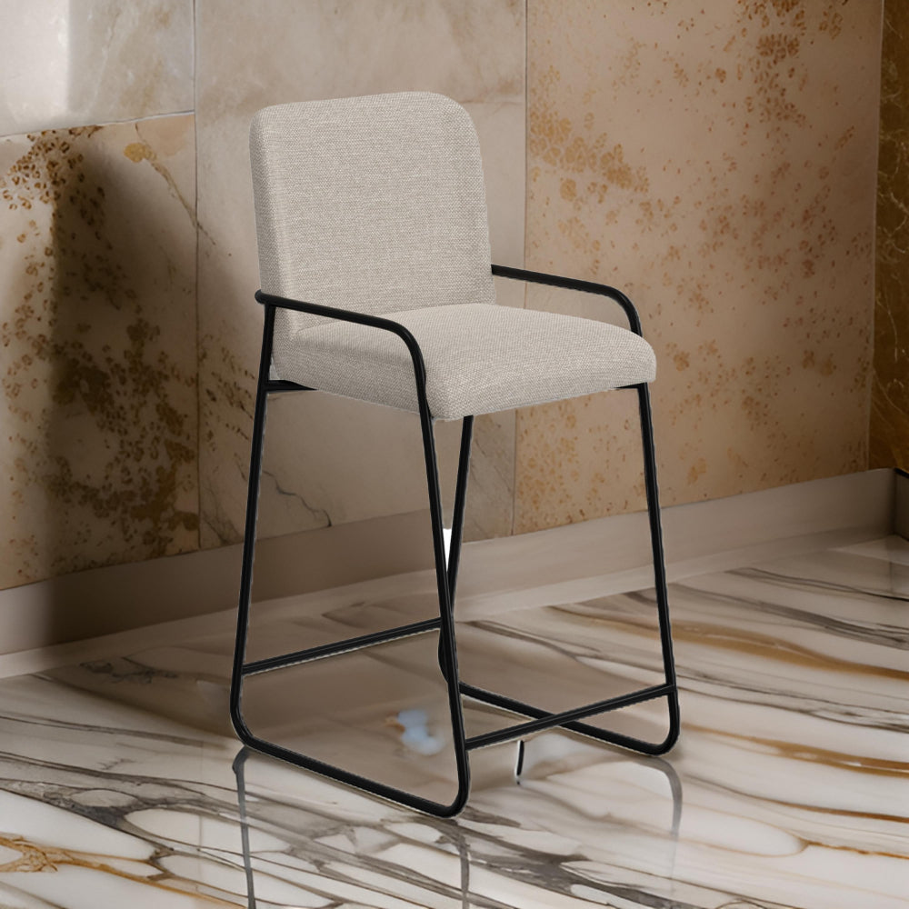 Benjara Suze Barstool Chair with Arched Back, Black Iron Frame, Beige Polyester