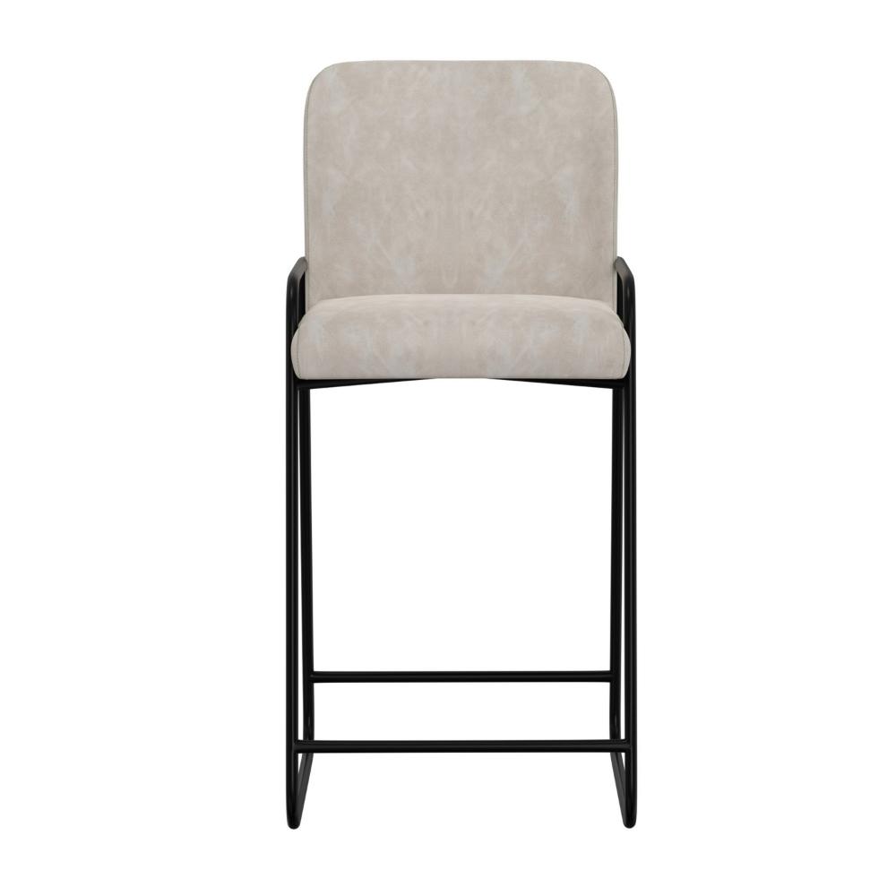 Benjara Suze Barstool Chair, Arched Black Iron Frame, Snow Gray Performance Fabric