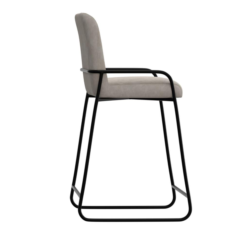 Benjara Suze Barstool Chair, Arched Black Iron Frame, Snow Gray Performance Fabric