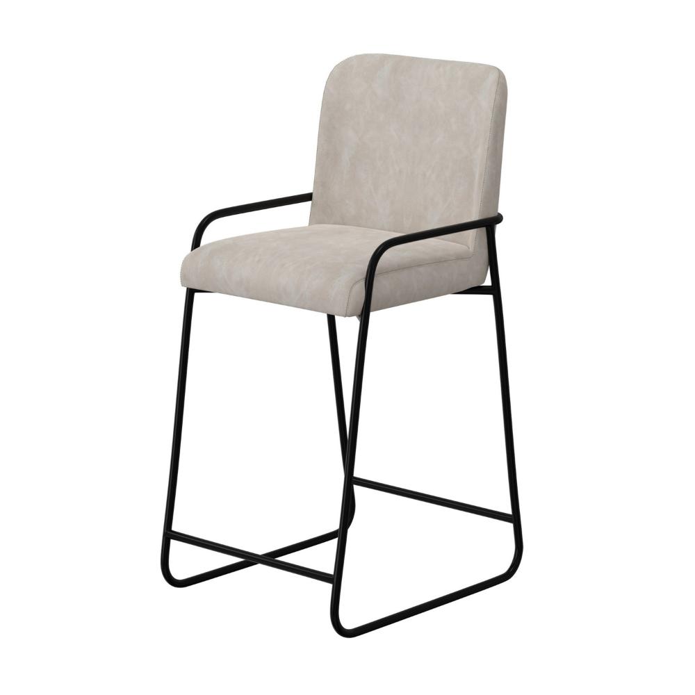 Benjara Suze Barstool Chair, Arched Black Iron Frame, Snow Gray Performance Fabric