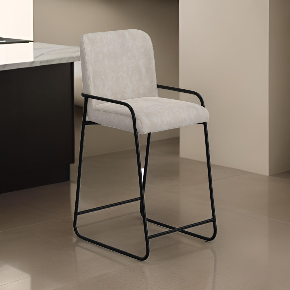 Benjara Suze Barstool Chair, Arched Black Iron Frame, Snow Gray Performance Fabric