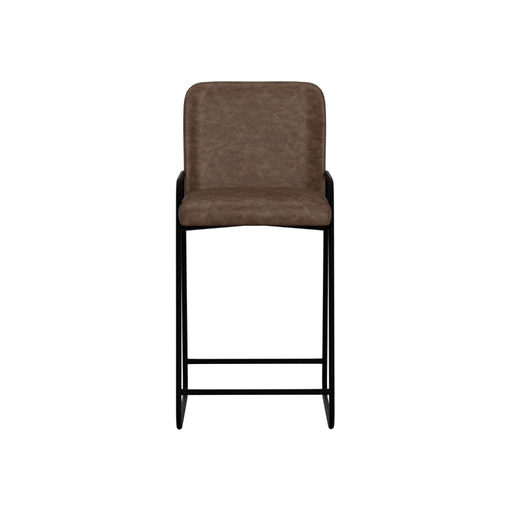 Benjara Suze Barstool Chair, Arched, Black Iron, Hickory Brown Performance Fabric