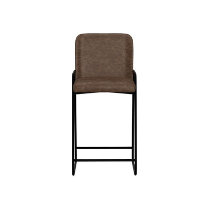 Benjara Suze Barstool Chair, Arched, Black Iron, Hickory Brown Performance Fabric