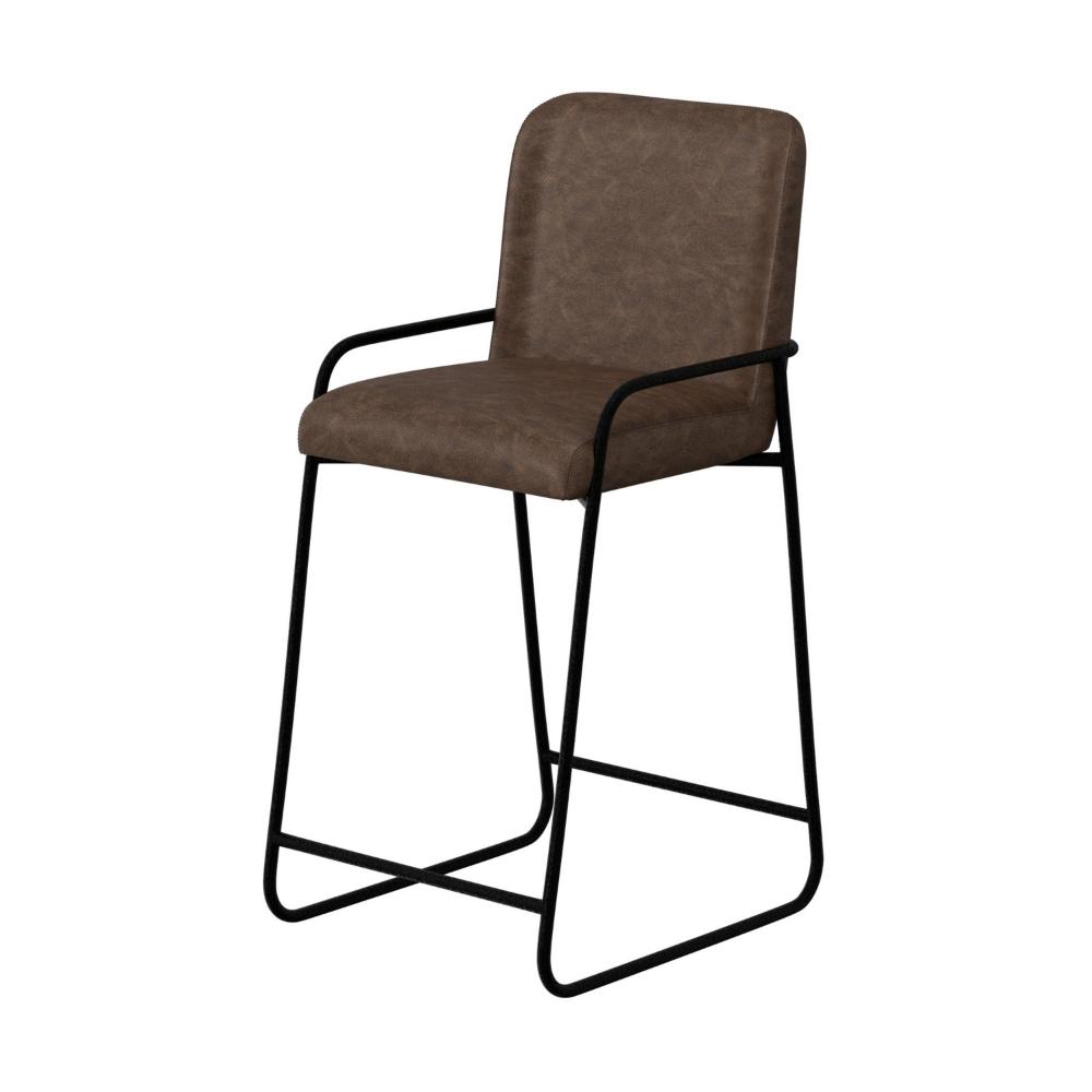 Benjara Suze Barstool Chair, Arched, Black Iron, Hickory Brown Performance Fabric