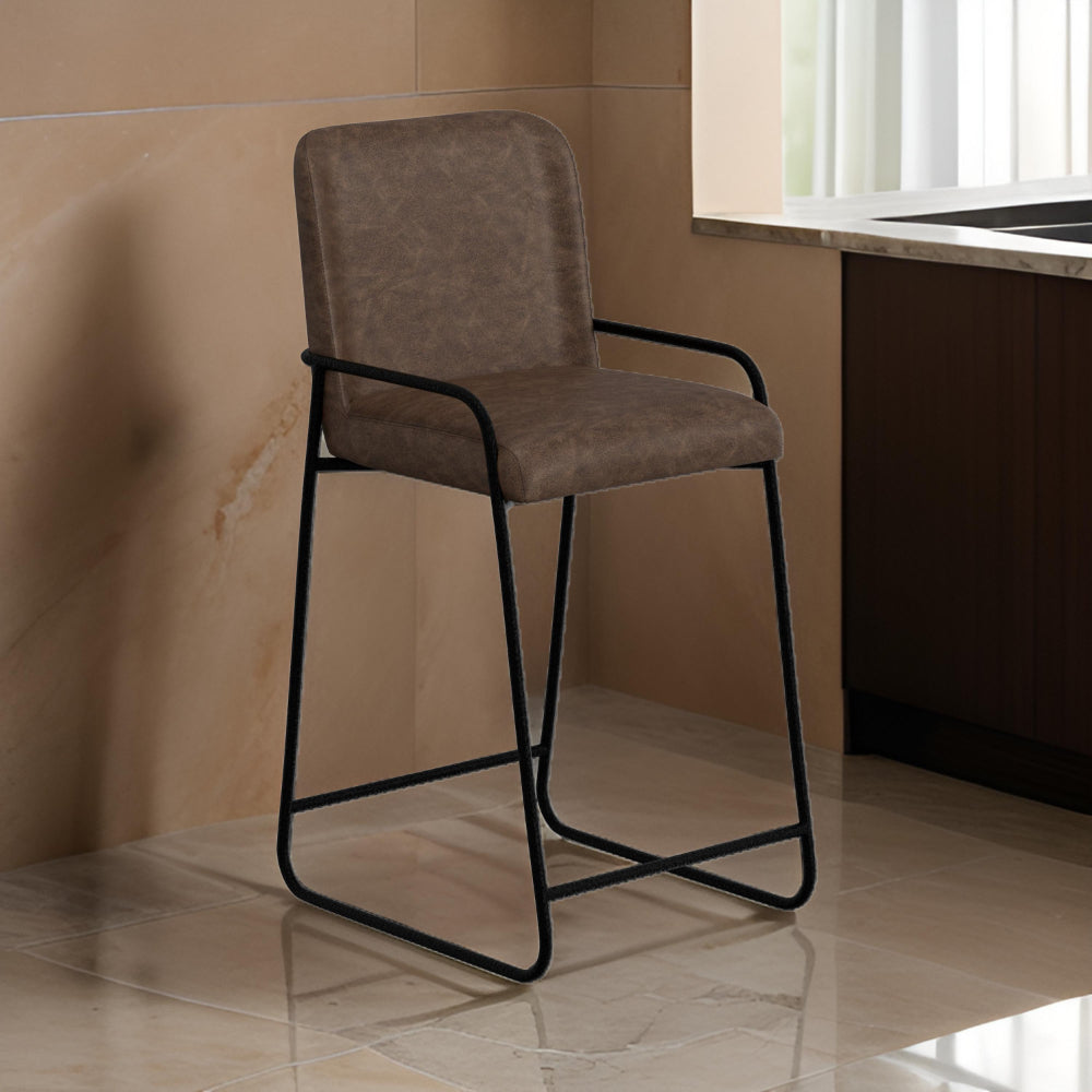 Benjara Suze Barstool Chair, Arched, Black Iron, Hickory Brown Performance Fabric