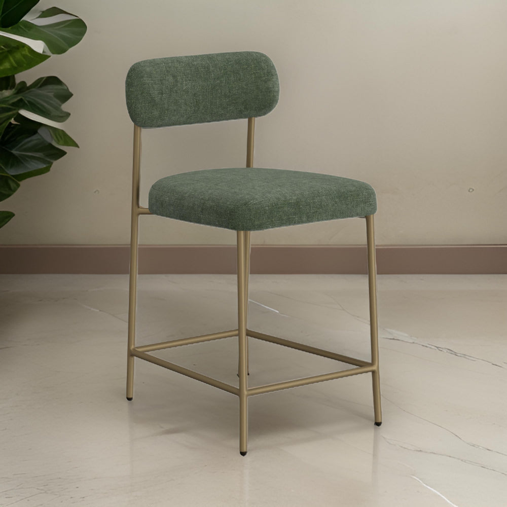 Benjara Iffa Counter Height Chair, Open Back, Gold Iron, Olive Green Polyester