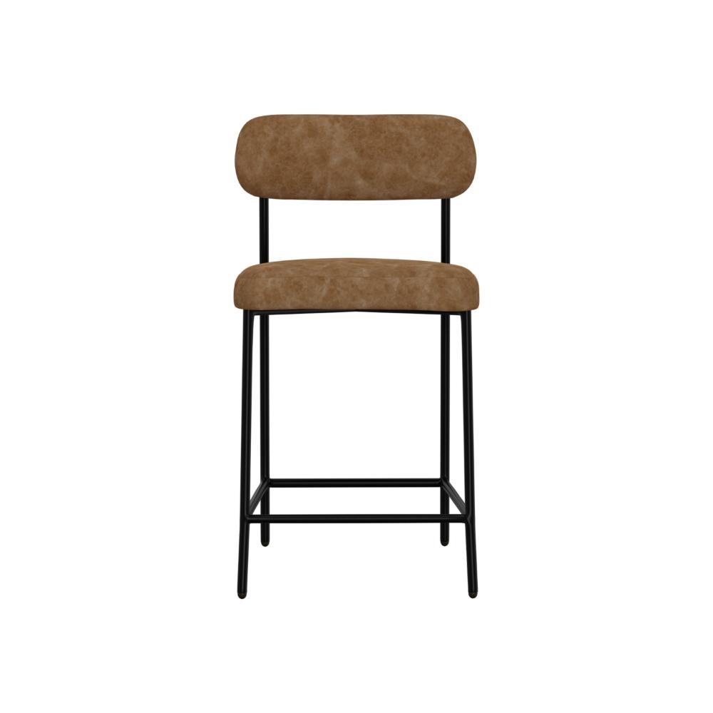 Benjara Iffa Counter Height Chair, Open Back, Black Iron, Cognac Brown Faux Leather