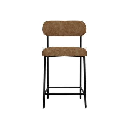 Benjara Iffa Counter Height Chair, Open Back, Black Iron, Cognac Brown Faux Leather