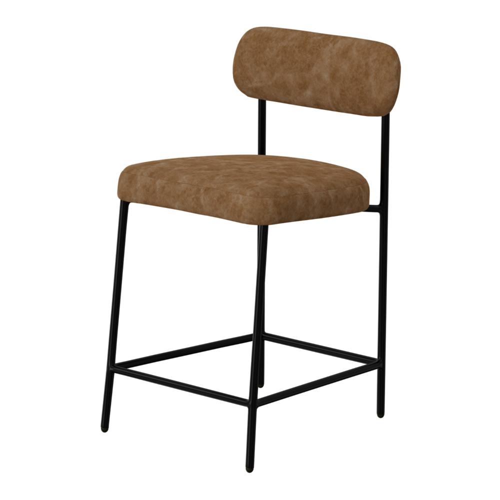 Benjara Iffa Counter Height Chair, Open Back, Black Iron, Cognac Brown Faux Leather
