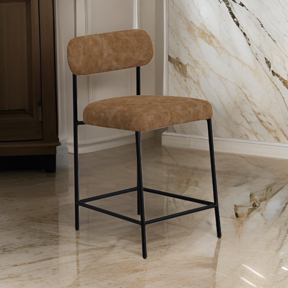 Benjara Iffa Counter Height Chair, Open Back, Black Iron, Cognac Brown Faux Leather