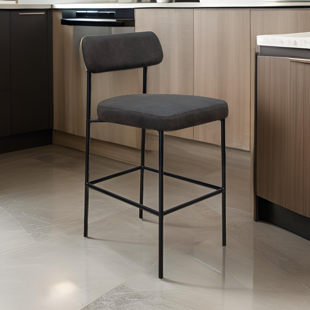 Benjara Iffa Counter Height Chair, Open Back, Black Iron Frame, Black Polyester