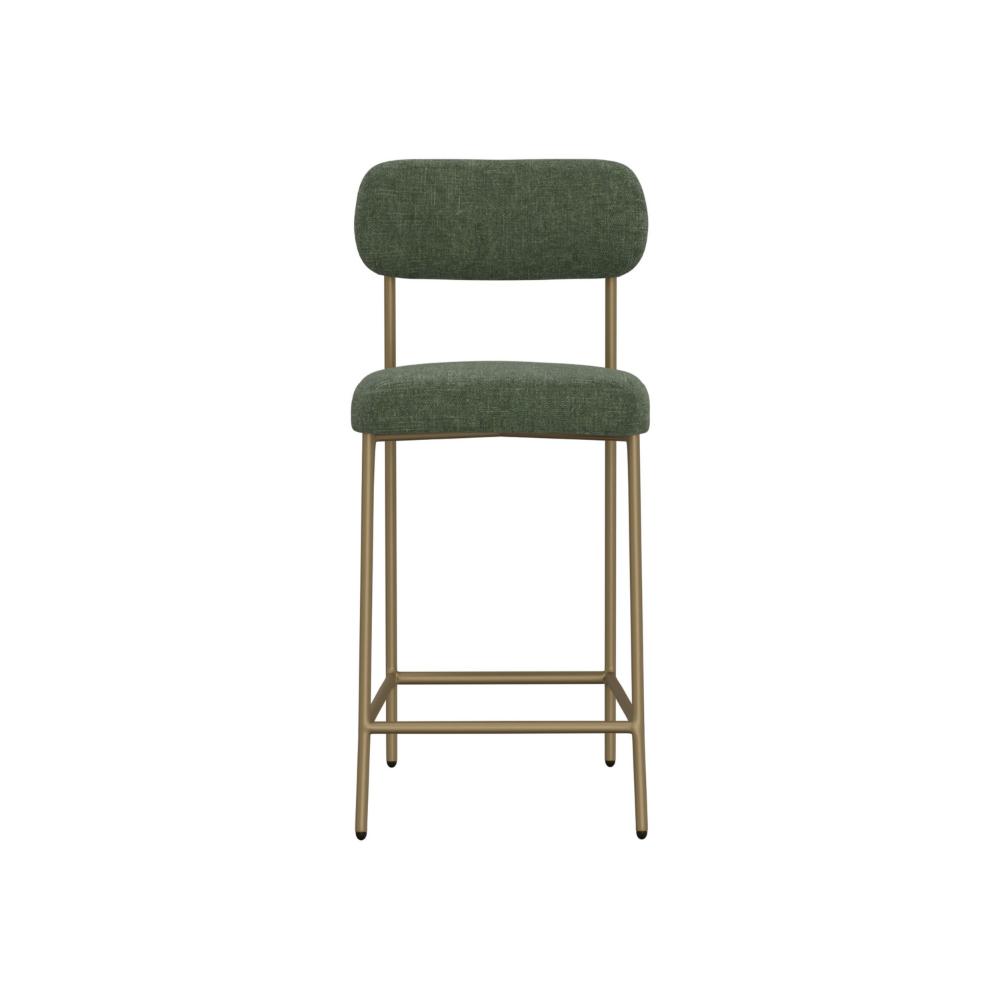 Benjara Iffa Barstool Chair, Open Back, Black Iron Gold, Olive Green Polyester