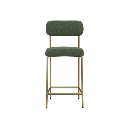 Benjara Iffa Barstool Chair, Open Back, Black Iron Gold, Olive Green Polyester