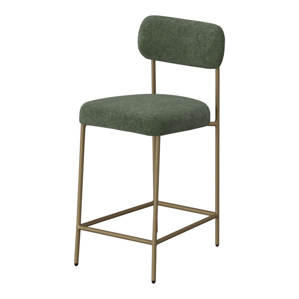Benjara Iffa Barstool Chair, Open Back, Black Iron Gold, Olive Green Polyester