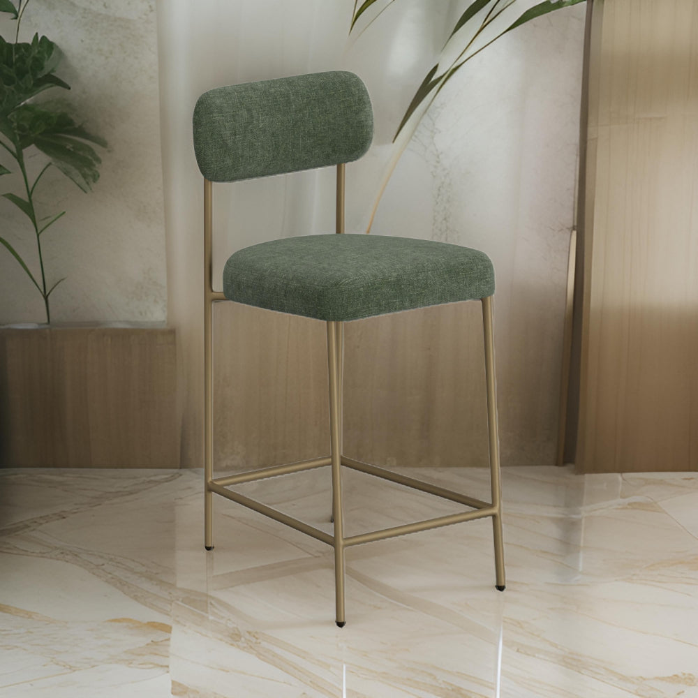 Benjara Iffa Barstool Chair, Open Back, Black Iron Gold, Olive Green Polyester