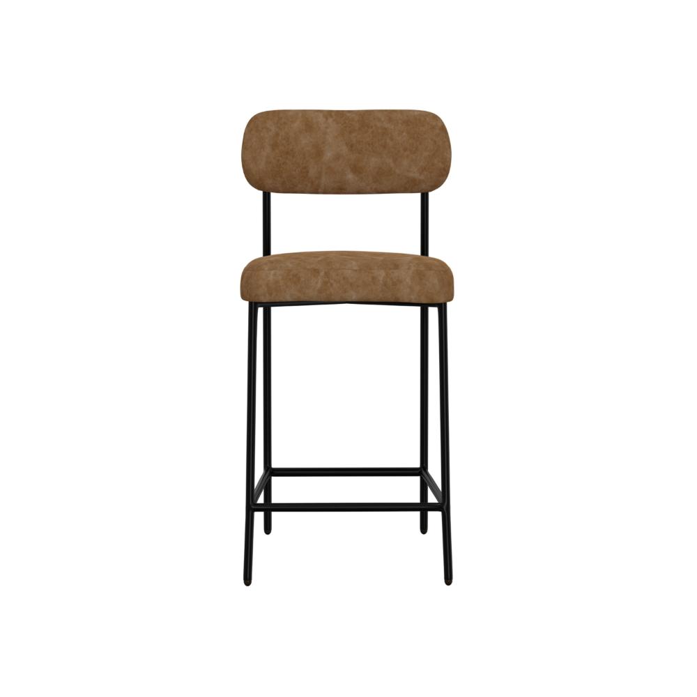 Benjara Iffa Barstool Chair, Open Back, Black Iron, Cognac Brown Faux Leather