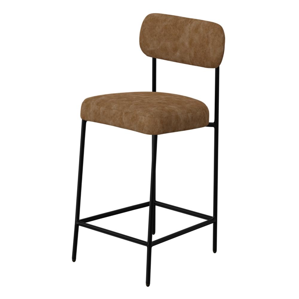 Benjara Iffa Barstool Chair, Open Back, Black Iron, Cognac Brown Faux Leather