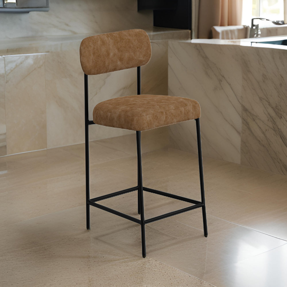 Benjara Iffa Barstool Chair, Open Back, Black Iron, Cognac Brown Faux Leather