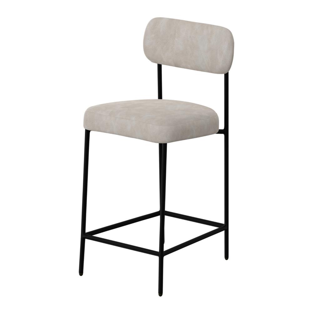 Benjara Iffa Barstool Chair, Open Black Iron Frame, Snow Gray Performance Fabric