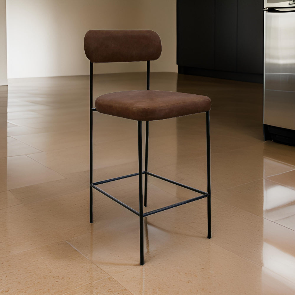 Benjara Iffa Barstool Chair, Black Iron Frame, Hickory Brown Performance Fabric