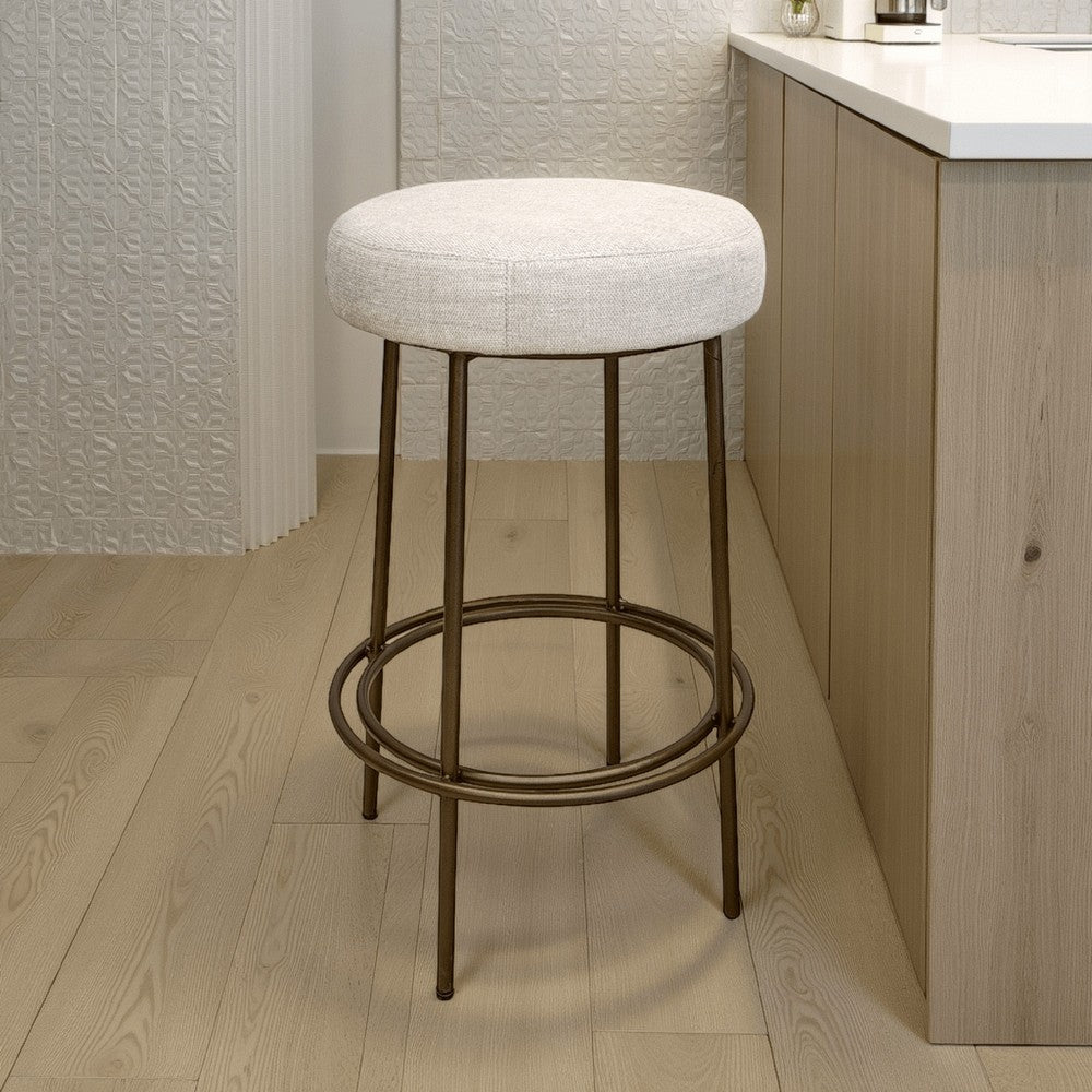 Benjara Tomy Barstool, Round Seat, Blacksmith Gold Metal Frame, Beige Polyester