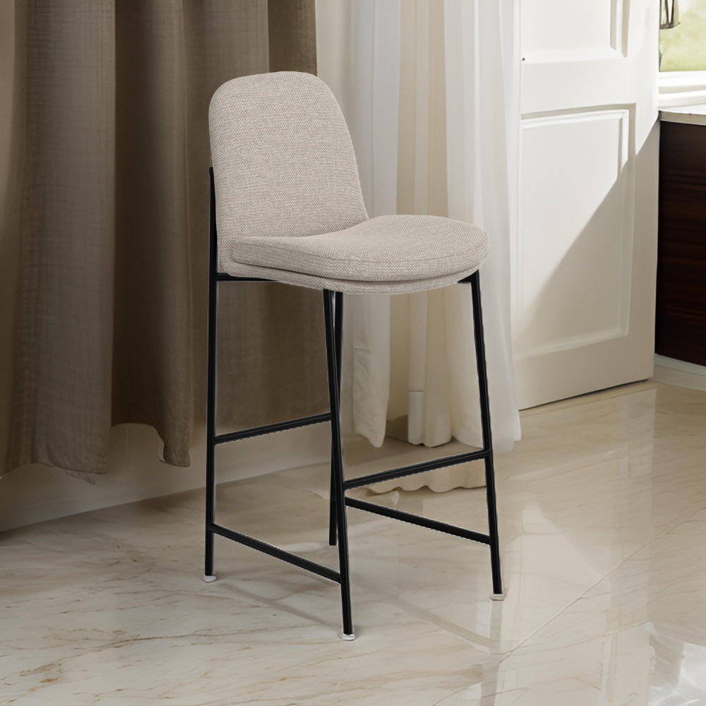 Benjara Revee Barstool Chair, Black Iron Frame, Water-Resistant Beige Polyester