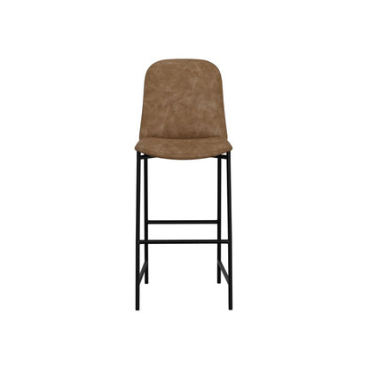 Benjara Revee Barstool Chair, Black Iron, Water-Resistant Cognac Brown Faux Leather