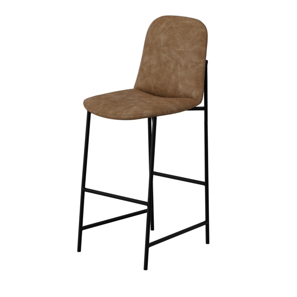 Benjara Revee Barstool Chair, Black Iron, Water-Resistant Cognac Brown Faux Leather